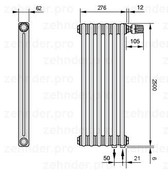 Схема (чертеж) Радиатор Zehnder Charleston 2250/6 №V002 Белый глянцевый RAL 9016